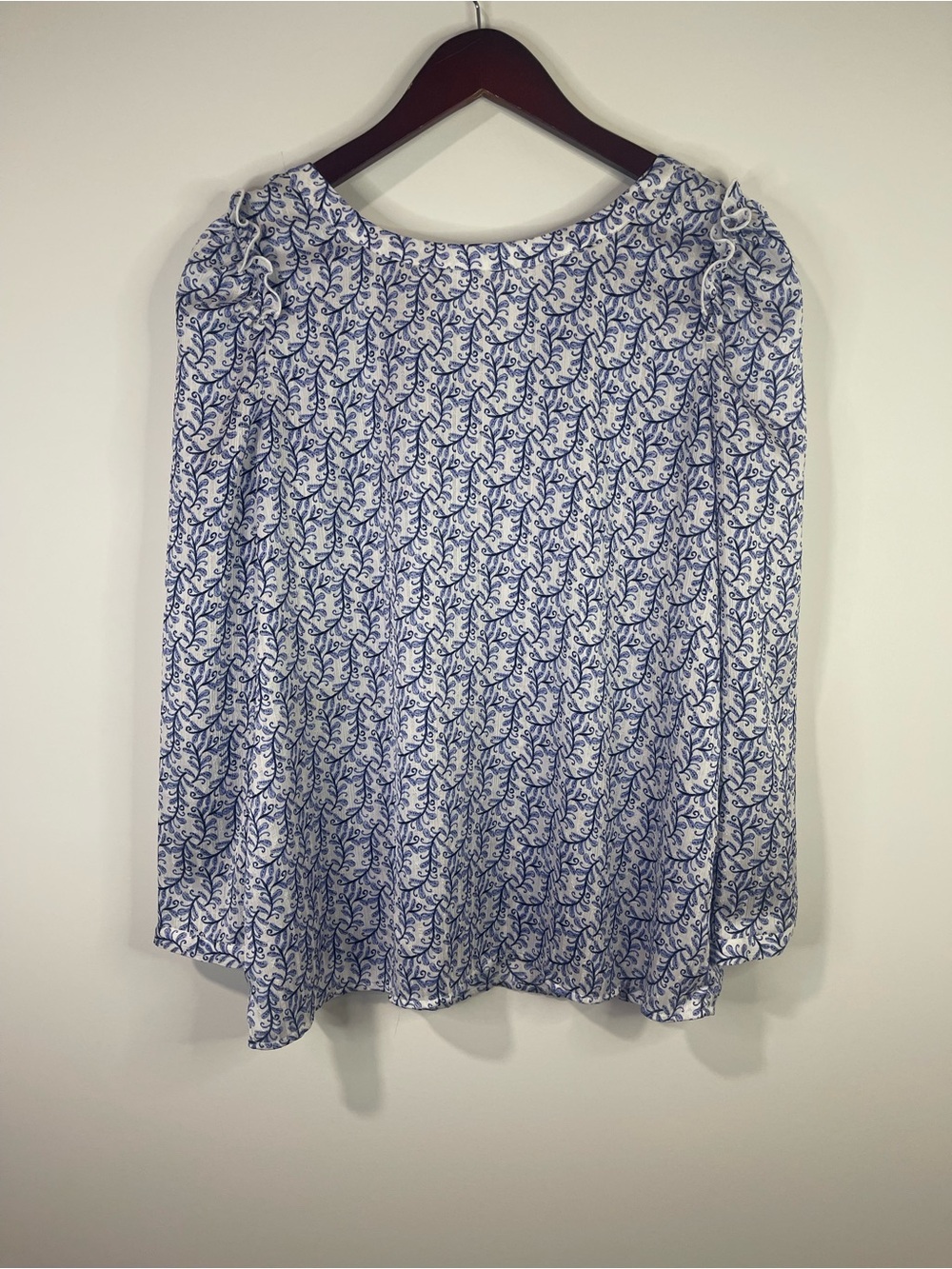 LOFT White and Blue Vine-Print Ruffle Shoulder Blouse